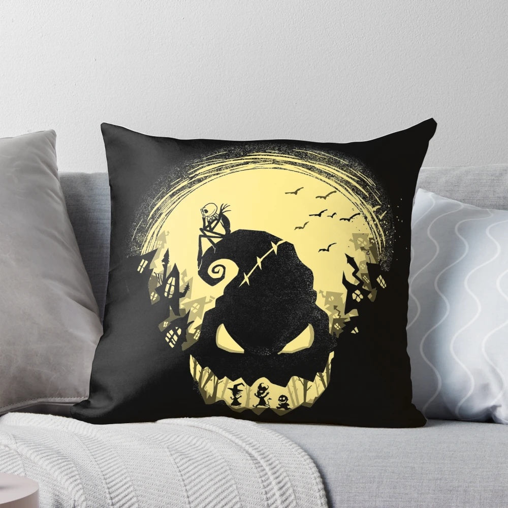 A black and white pillow featuring the iconic Jack Skellington character from The Nightmare Before Christmas.