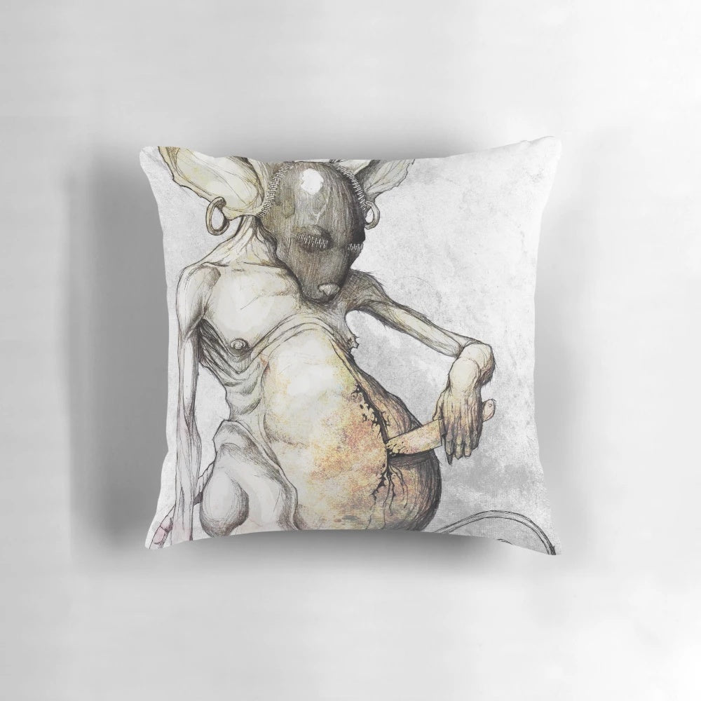 Sketched mouse illustration with bondage and kink elements on a plush pillow