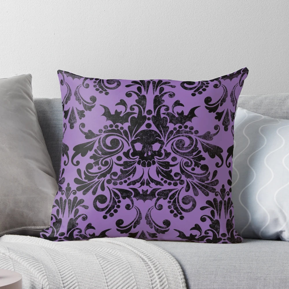 Skull-patterned pillow with a gothic damask design, perfect for adding a touch of spookiness to your home decor.