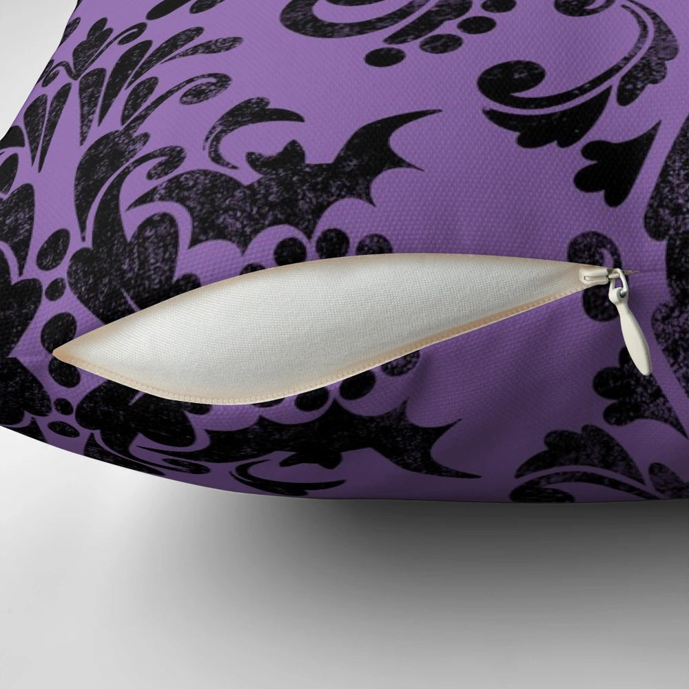 Skull-patterned pillow with a gothic damask design, perfect for adding a touch of spookiness to your home decor.