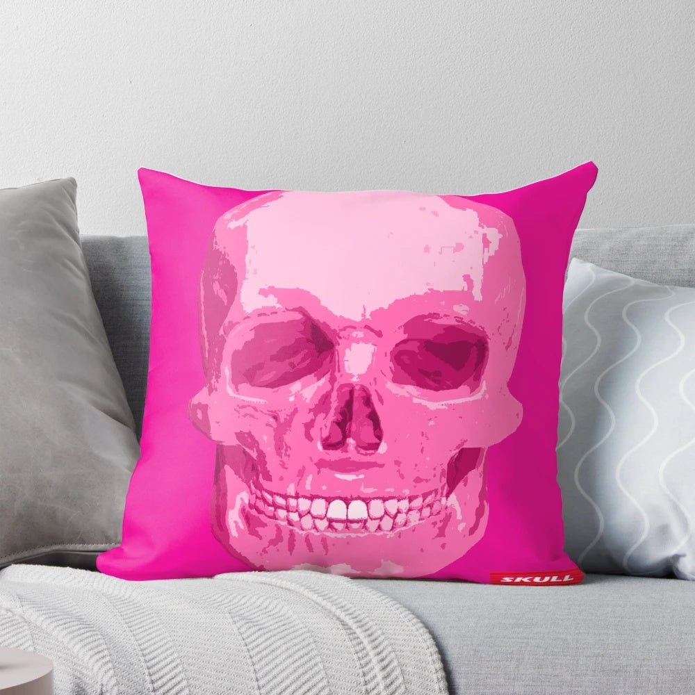 Skull-patterned pink decorative pillow for Halloween home styling