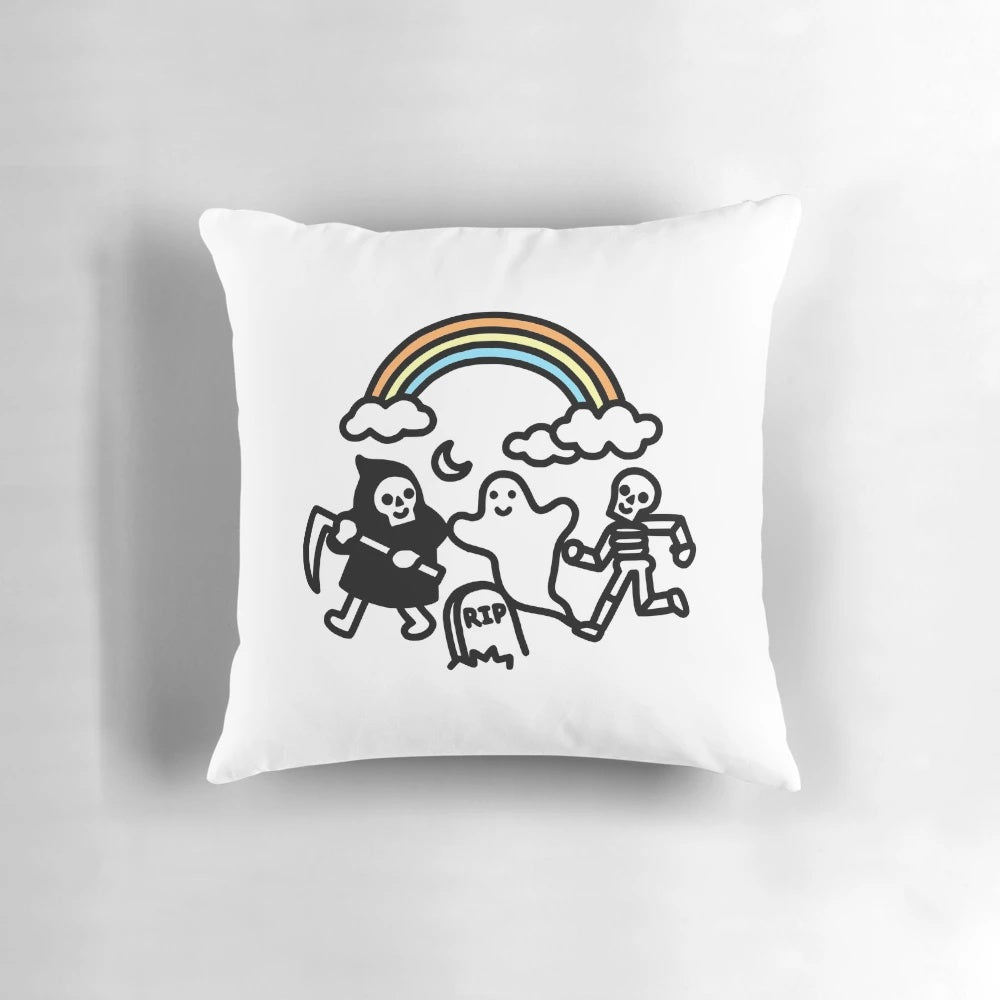 Spooky Skulls and Ghosts Decorative Pillow with Rainbows and Cute Design