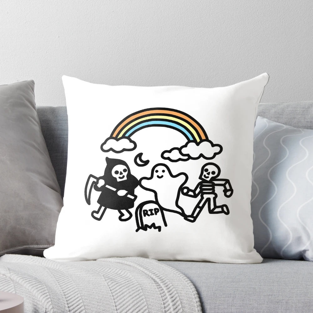 Spooky Skulls and Ghosts Decorative Pillow with Rainbows and Cute Design