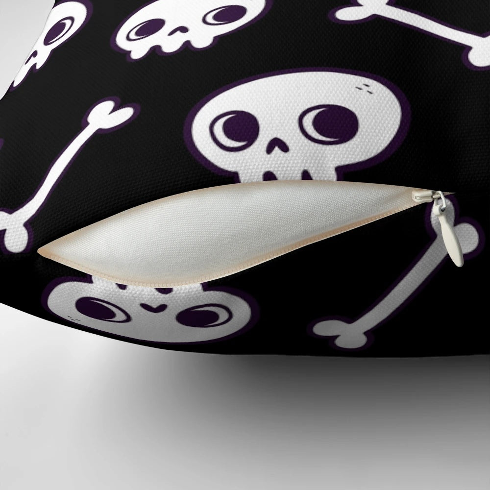 Soft, cozy pillow featuring a repeating pattern of cute, minimalist skulls in shades of black and white.