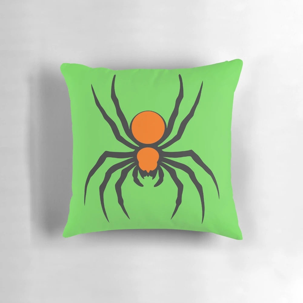 Dangerous black and orange spider graphic on a cozy pillow
