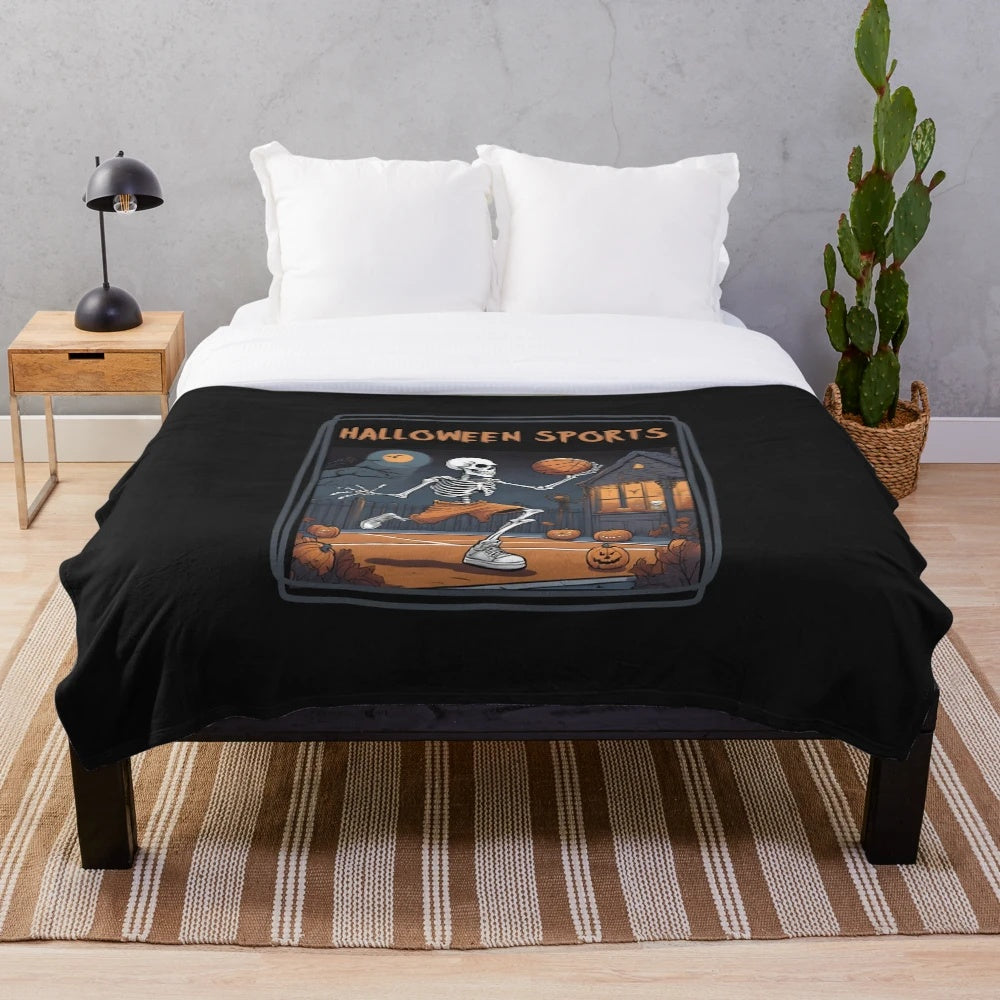 Skeleton playing basketball on a plush Halloween-themed blanket