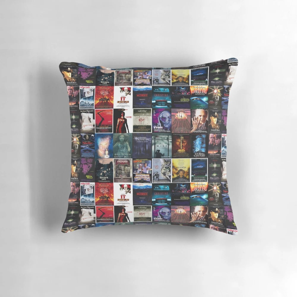 Decorative pillow featuring a collage of classic Stephen King movie posters