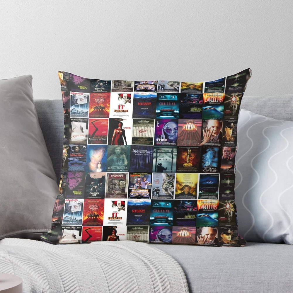 Decorative pillow featuring a collage of classic Stephen King movie posters