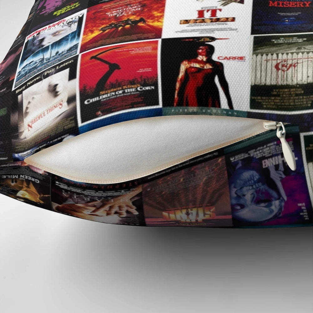 Decorative pillow featuring a collage of classic Stephen King movie posters