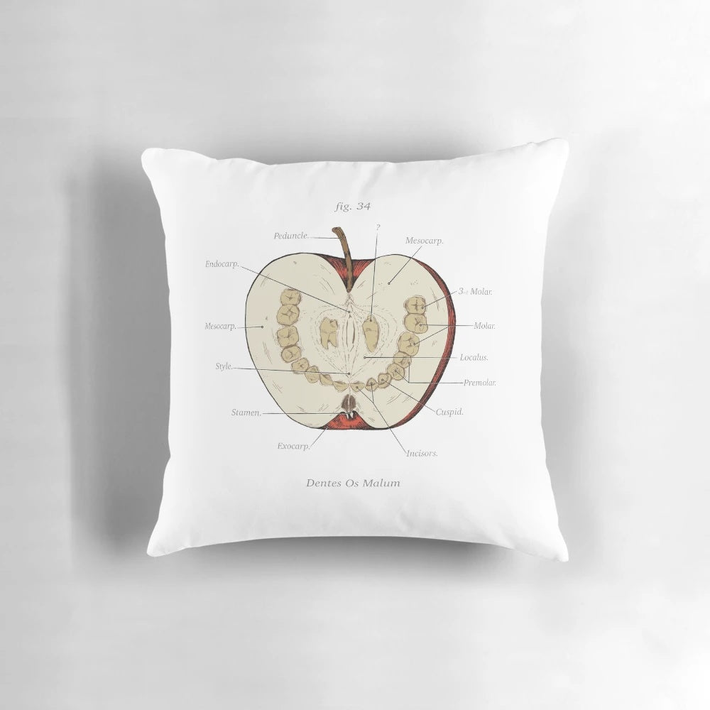 Plush pillow featuring an apple design with teeth, inspired by the popular horror podcast The Magnus Archives.