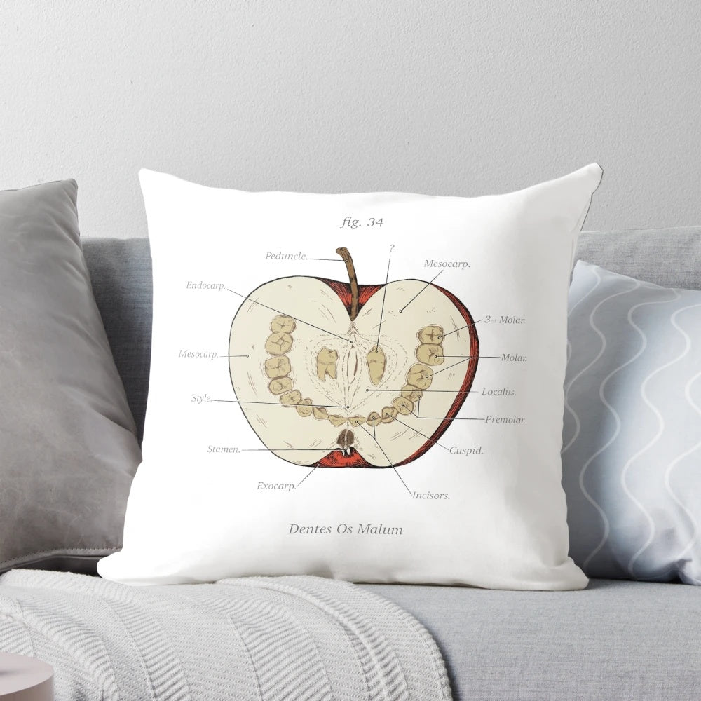 Plush pillow featuring an apple design with teeth, inspired by the popular horror podcast The Magnus Archives.