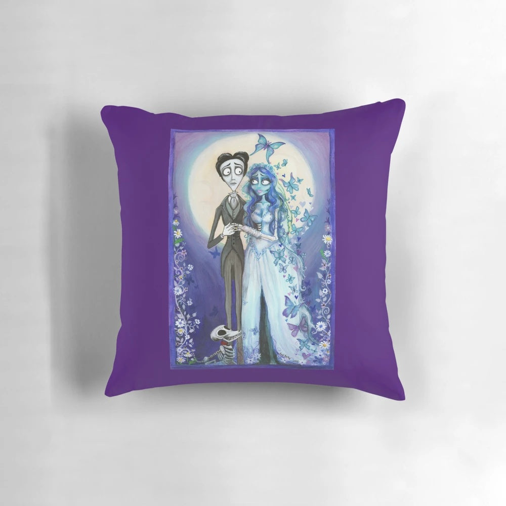 Spooky 'The Corpse Bride' inspired Emily and Victor pillow with blue and purple butterflies