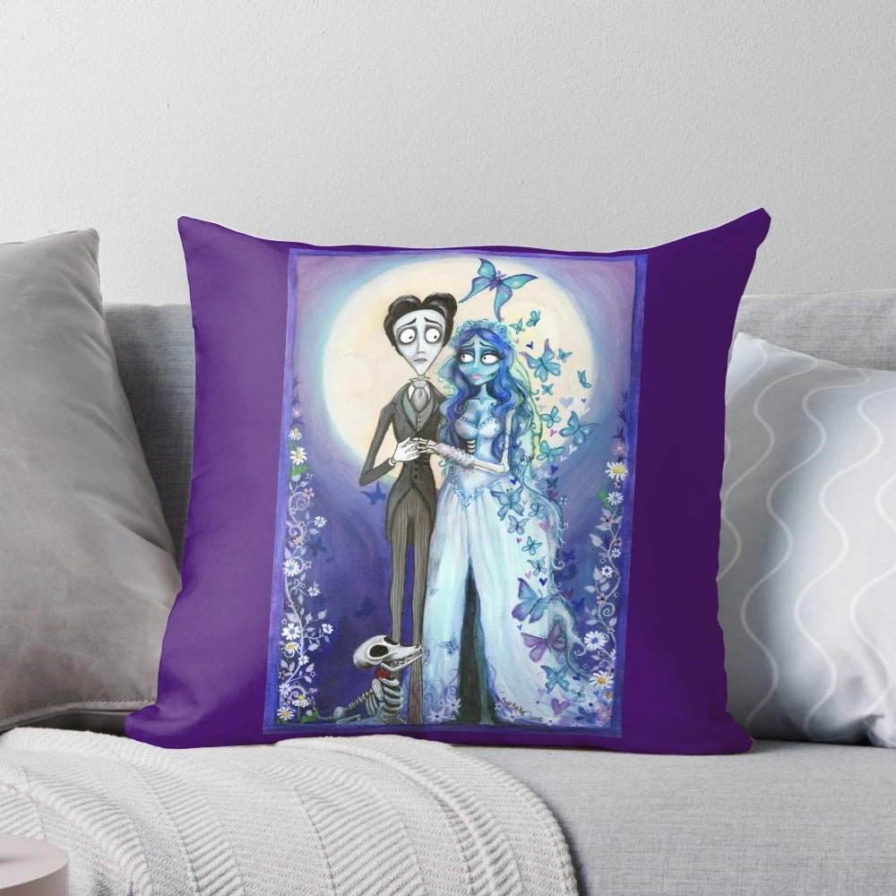 Spooky 'The Corpse Bride' inspired Emily and Victor pillow with blue and purple butterflies