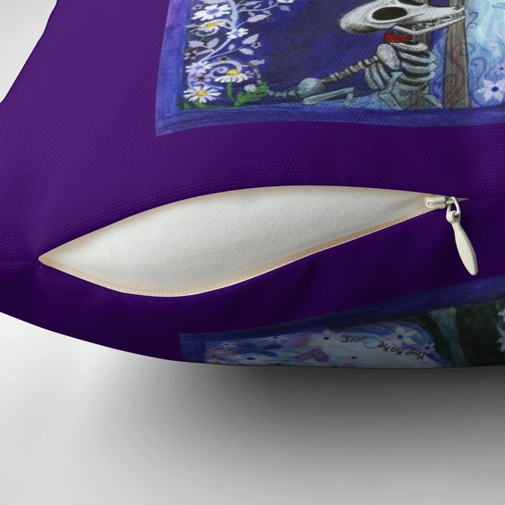 Spooky 'The Corpse Bride' inspired Emily and Victor pillow with blue and purple butterflies