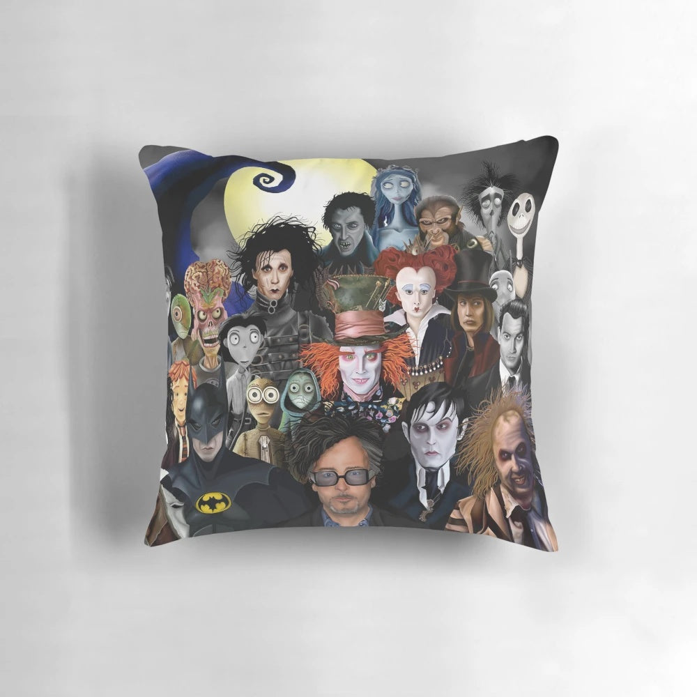 Decorative pillow with gothic and horror-themed artwork inspired by the films of Tim Burton