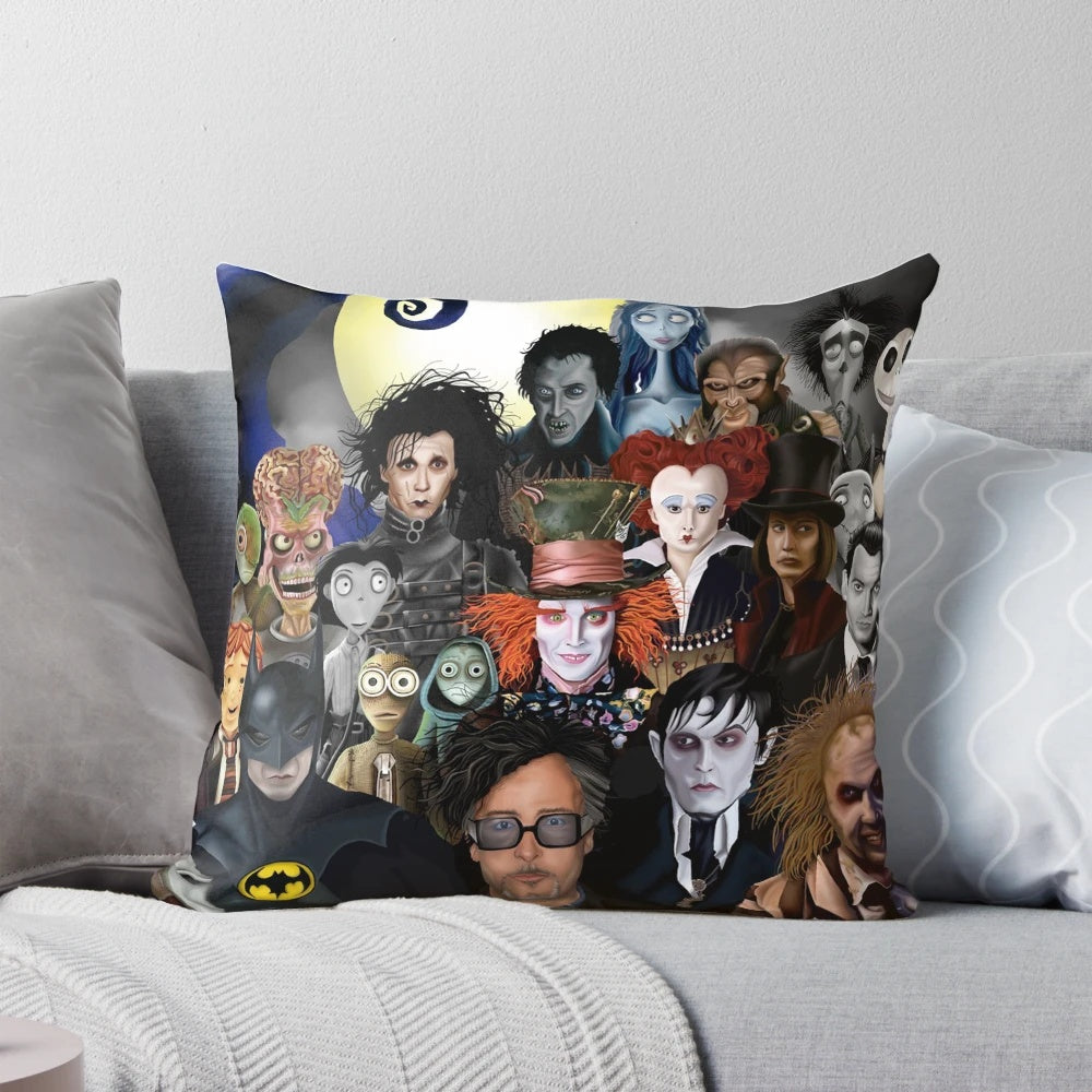 Decorative pillow with gothic and horror-themed artwork inspired by the films of Tim Burton