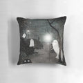 Cozy black and white pillow with ghostly silhouettes and a streetlamp
