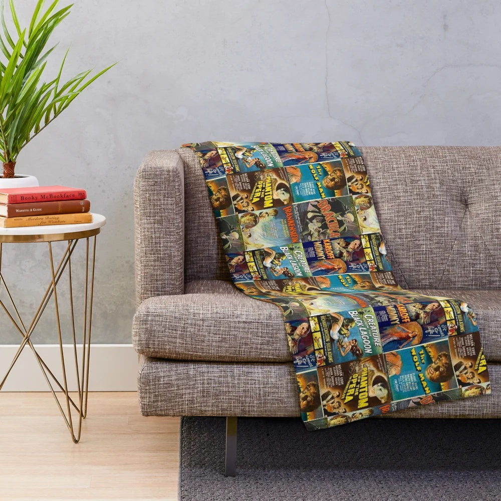 Universal Monsters inspired plush blanket featuring Dracula, Frankenstein, and other classic horror characters