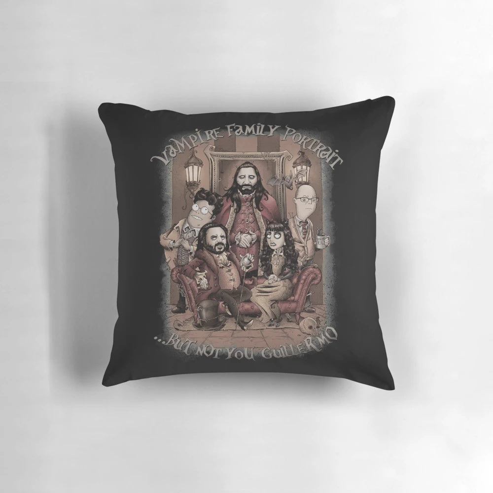 A gothic and macabre vampire family portrait pillow, featuring characters from the hit TV show "What We Do in the Shadows".