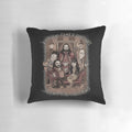 A gothic and macabre vampire family portrait pillow, featuring characters from the hit TV show "What We Do in the Shadows".