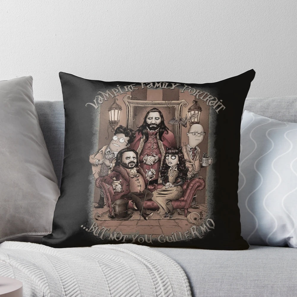 A gothic and macabre vampire family portrait pillow, featuring characters from the hit TV show "What We Do in the Shadows".