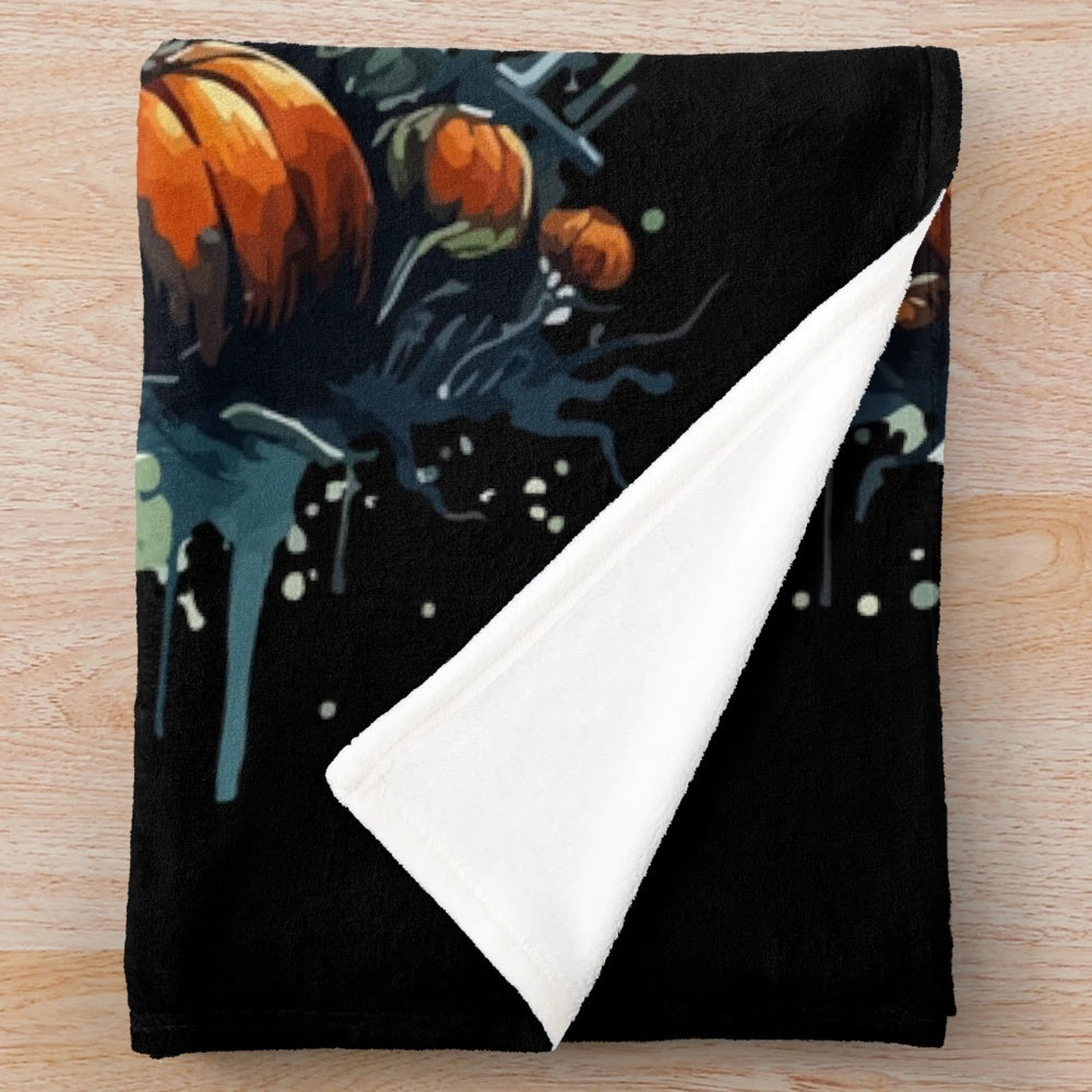 Spooky vampire Halloween plush blanket with bats, skulls, and pumpkins