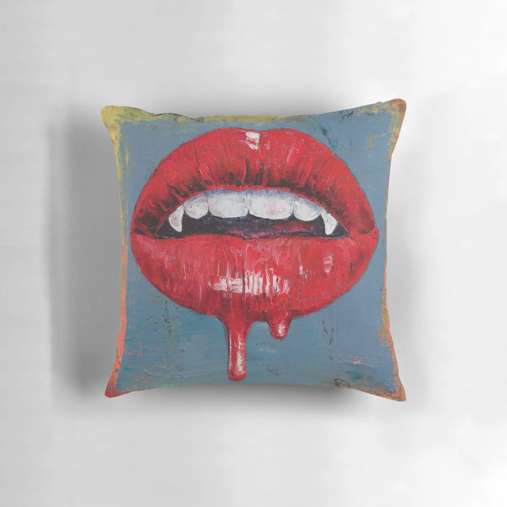 Striking oil painting of a vampire with dripping blood on a decorative throw pillow