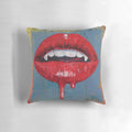 Striking oil painting of a vampire with dripping blood on a decorative throw pillow