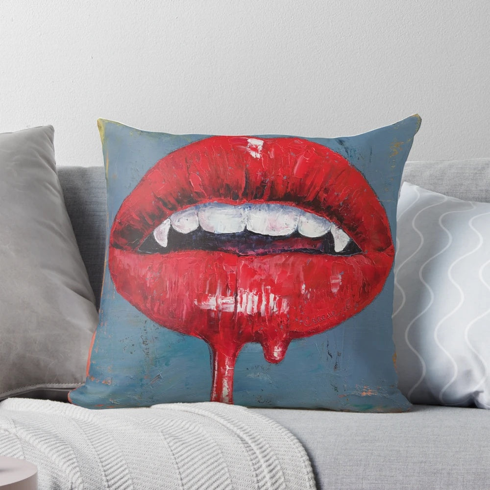 Striking oil painting of a vampire with dripping blood on a decorative throw pillow