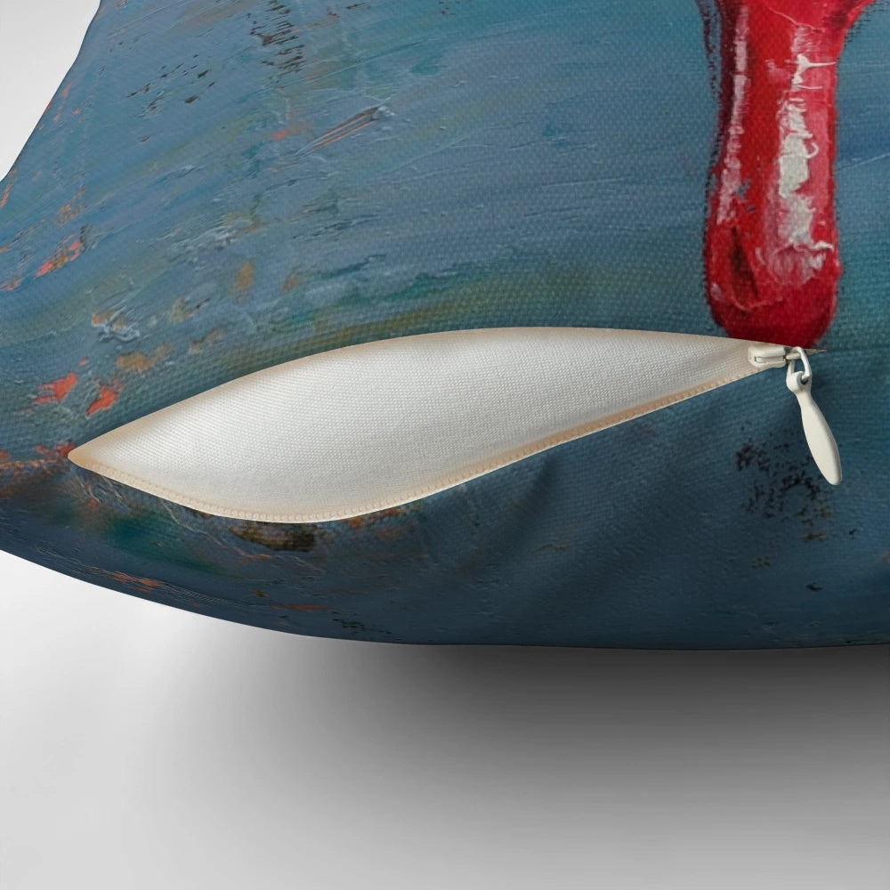 Striking oil painting of a vampire with dripping blood on a decorative throw pillow