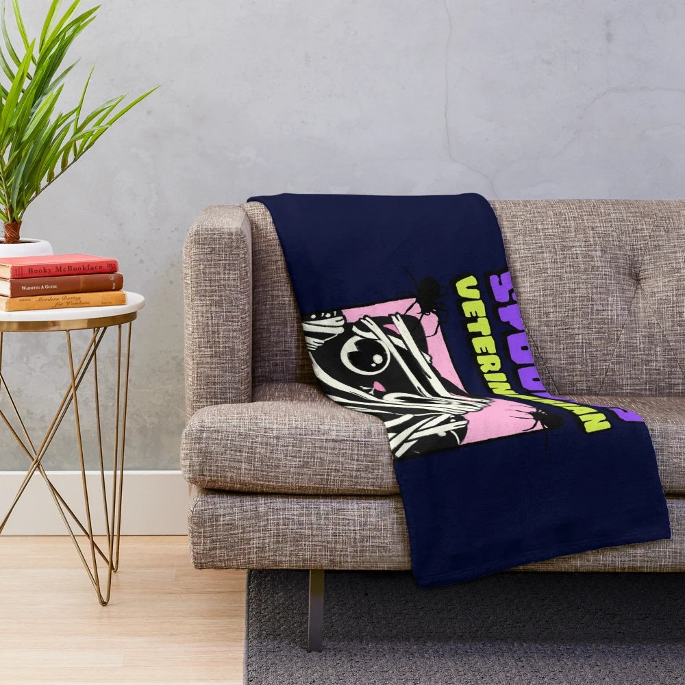 Spooky veterinarian plush blanket with cats and dogs in a humorous design