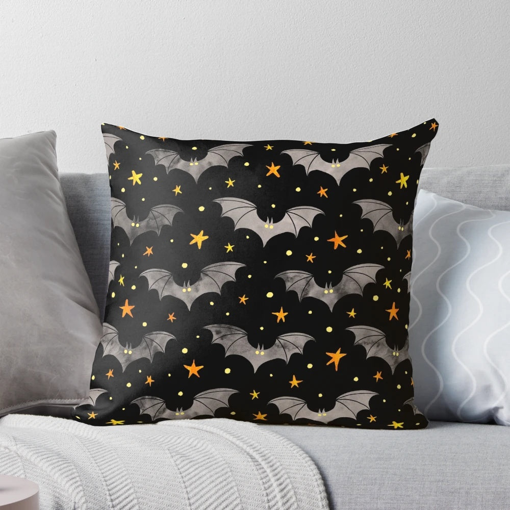 Watercolor bat pillow with yellow stars for spooky and haunted home decor