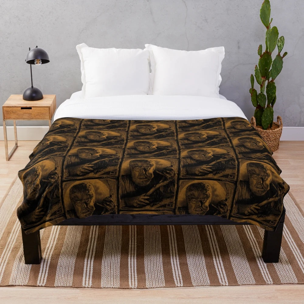 Werewolf plush blanket with a classic horror movie design