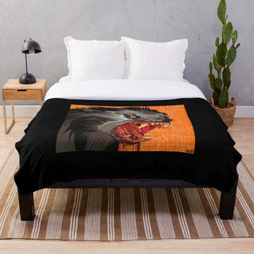 Werewolf plush blanket with realistic wolf design