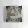 Detailed image of a decorative pillow featuring a gothic illustration of a witch's skull, leaves, and other occult elements.