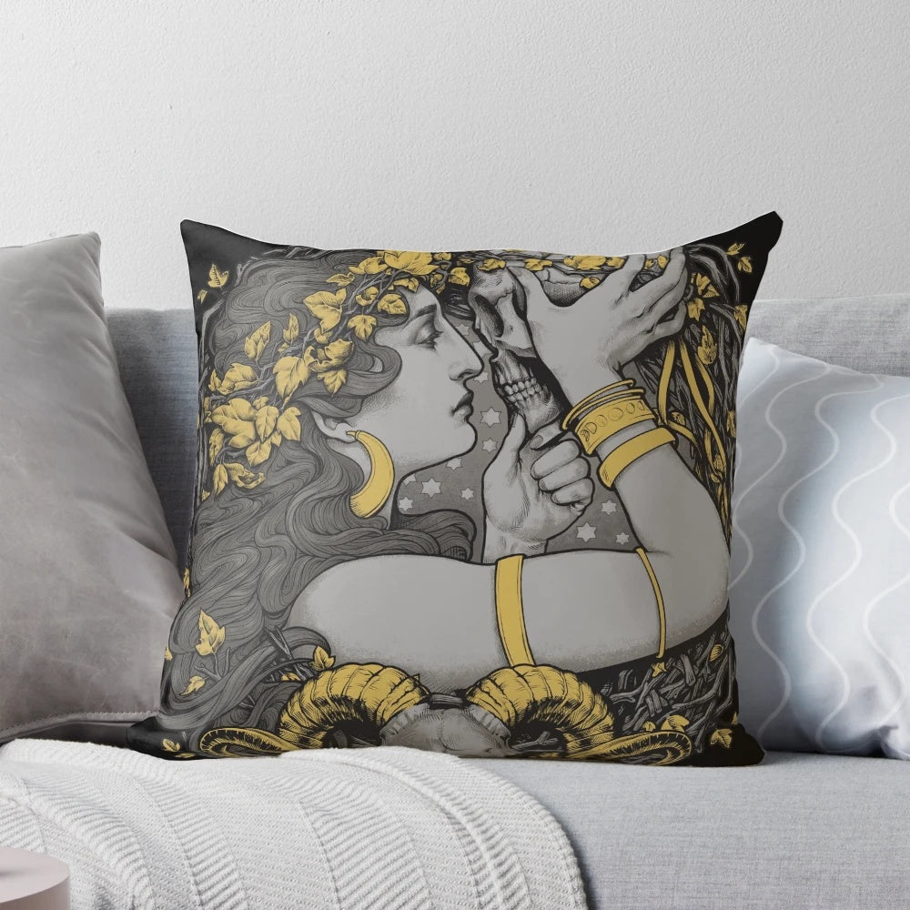 Detailed image of a decorative pillow featuring a gothic illustration of a witch's skull, leaves, and other occult elements.