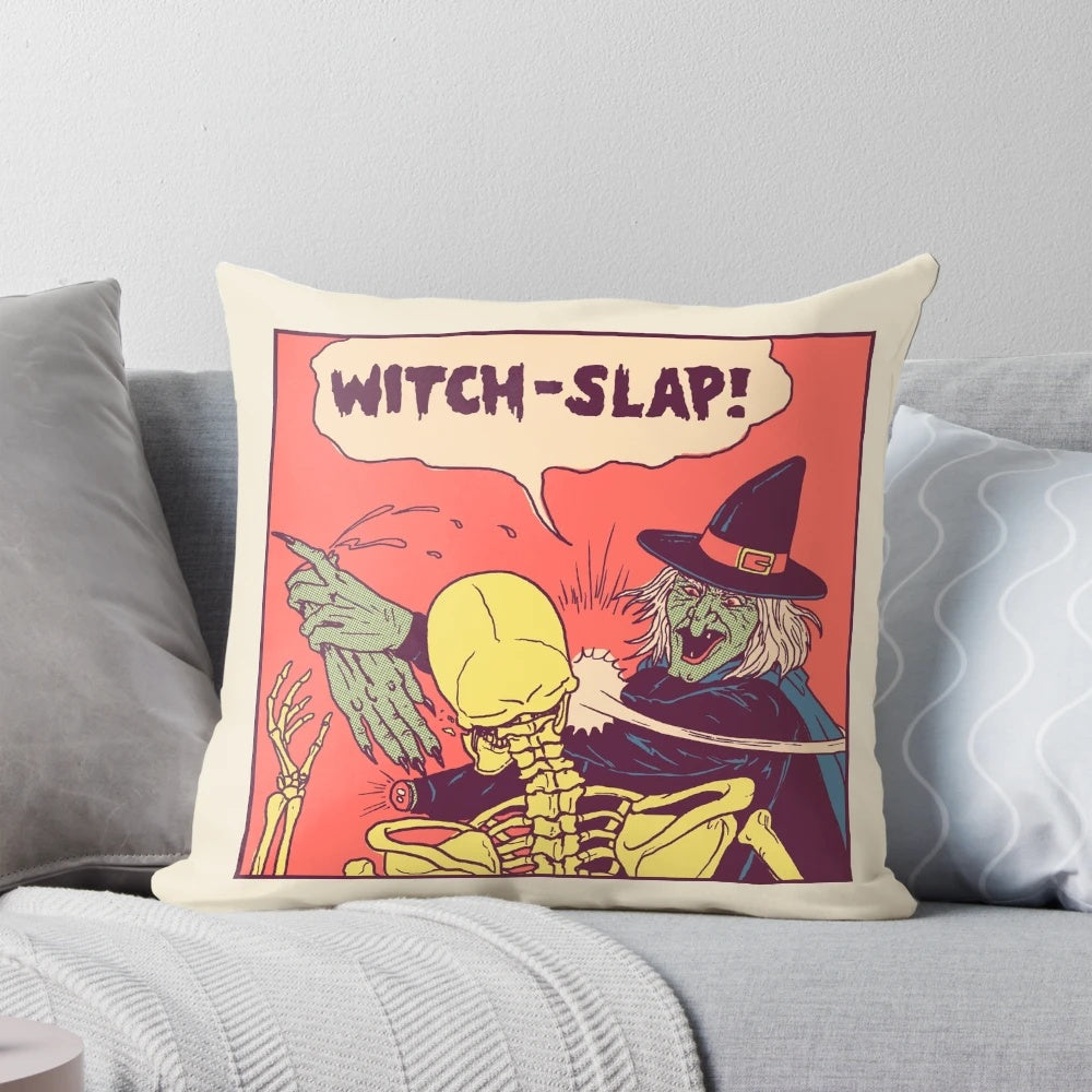 Vintage-style comic illustration of a witch's hand slapping a person, perfect for Halloween decor.