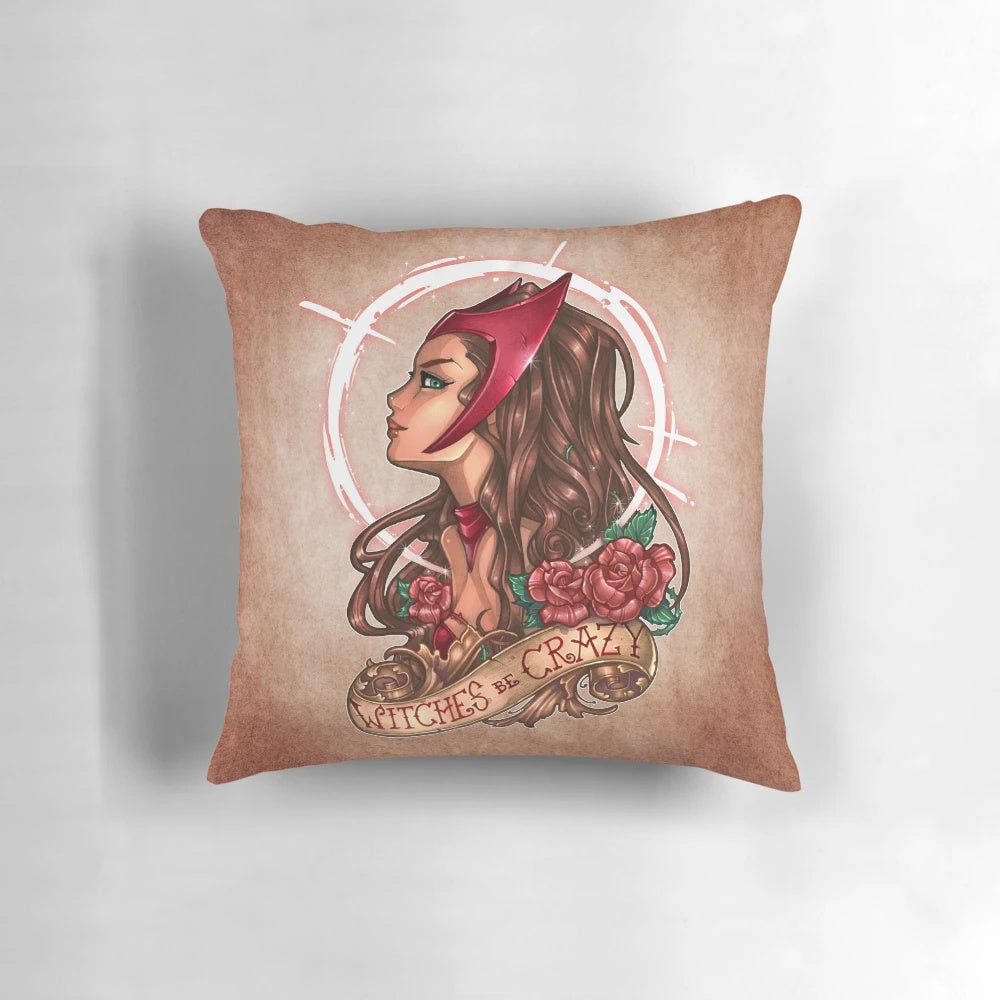 Decorative throw pillow featuring a spooky witches be crazy design with a red witch tattoo