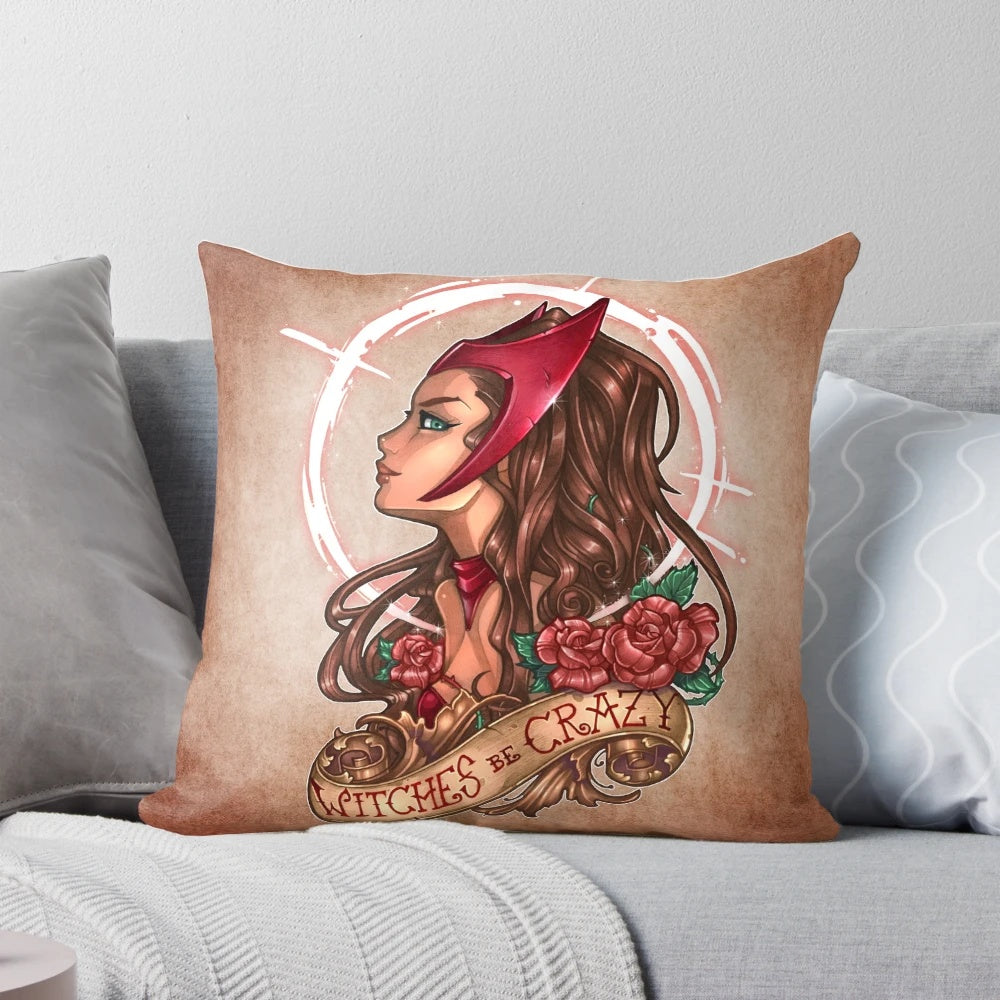Decorative throw pillow featuring a spooky witches be crazy design with a red witch tattoo