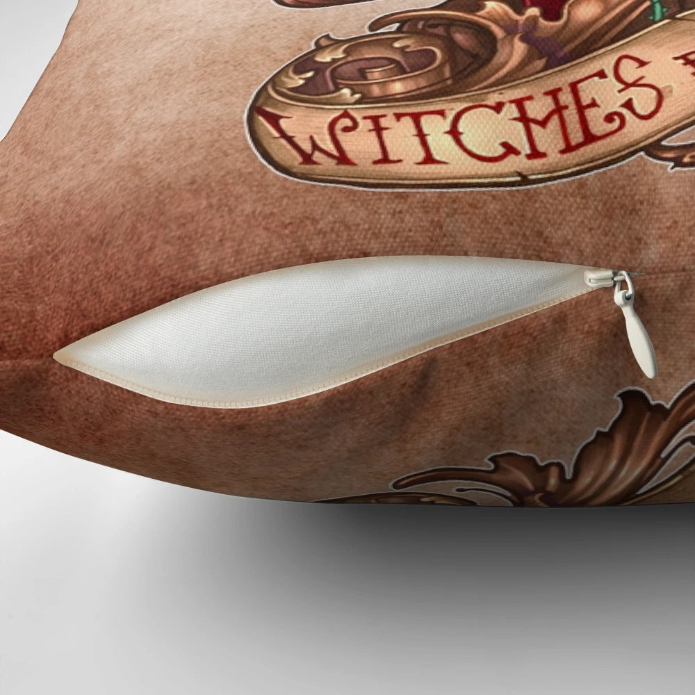 Decorative throw pillow featuring a spooky witches be crazy design with a red witch tattoo