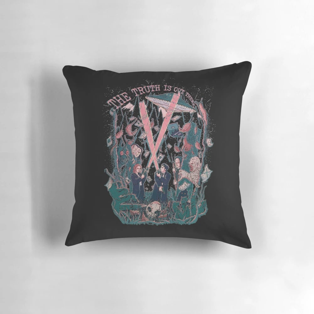 X-Files inspired pillow featuring Scully and Mulder on a mysterious, otherworldly background