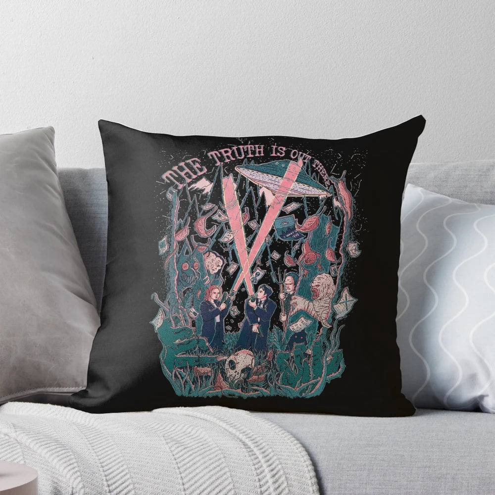 X-Files inspired pillow featuring Scully and Mulder on a mysterious, otherworldly background