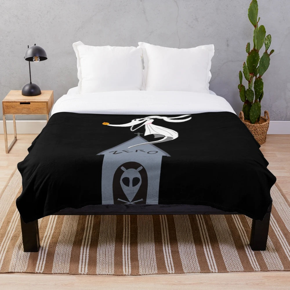 Zero the ghost dog from The Nightmare Before Christmas on a plush blanket