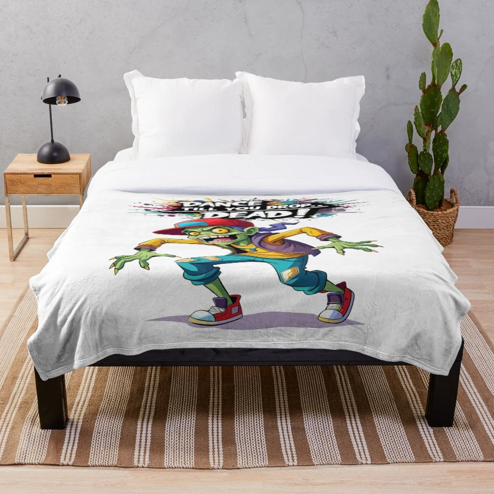 Cartoon zombie dancing in hip-hop style on a plush blanket
