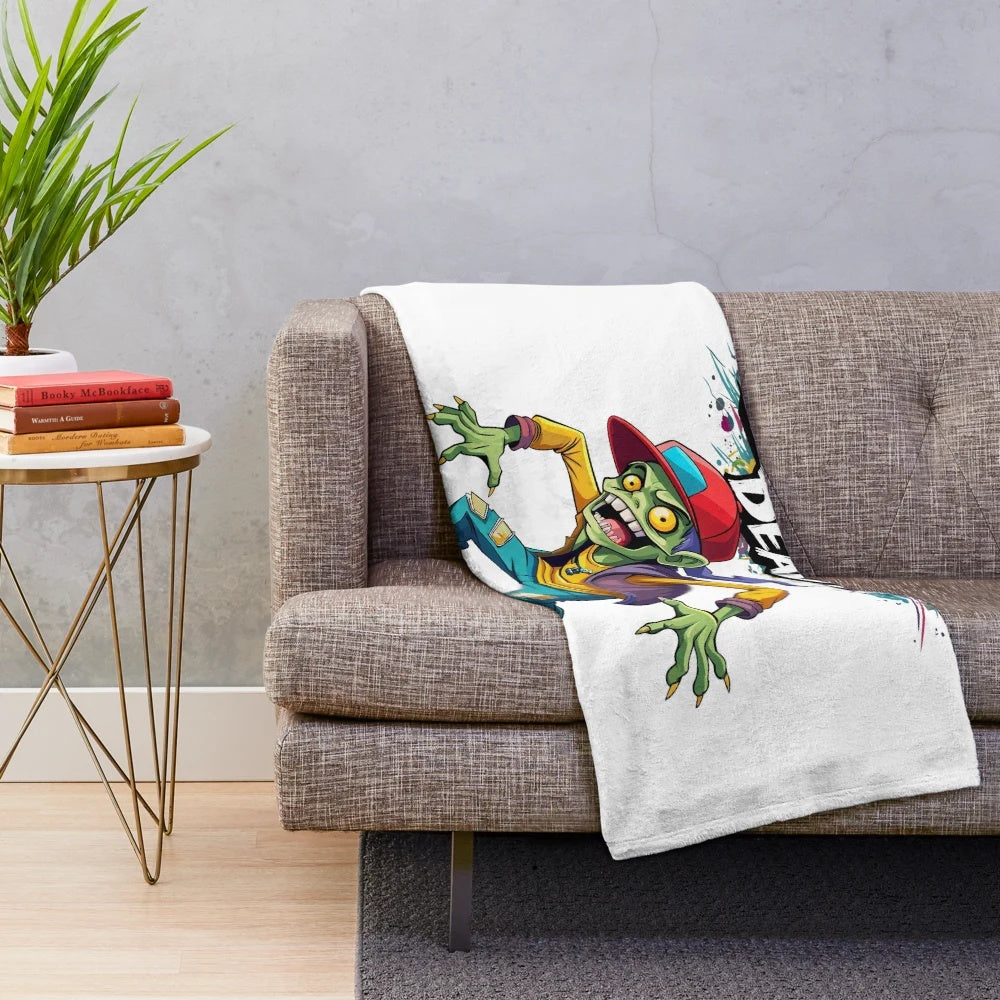 Cartoon zombie dancing in hip-hop style on a plush blanket