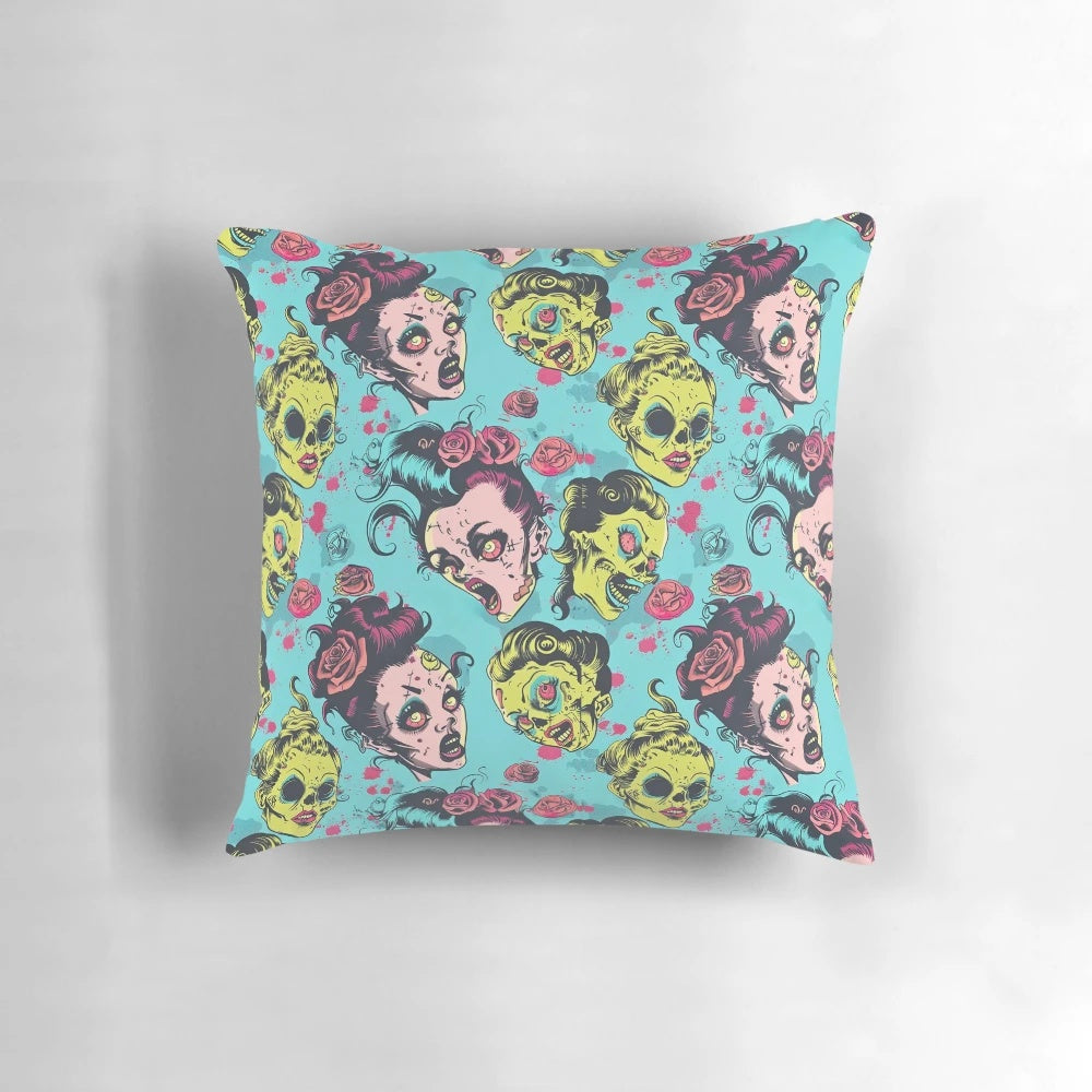 Colorful cartoon design featuring a zombie pinup girl on a soft, cozy pillow