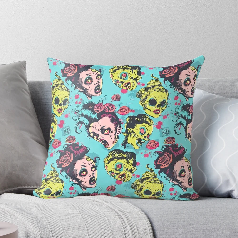 Colorful cartoon design featuring a zombie pinup girl on a soft, cozy pillow