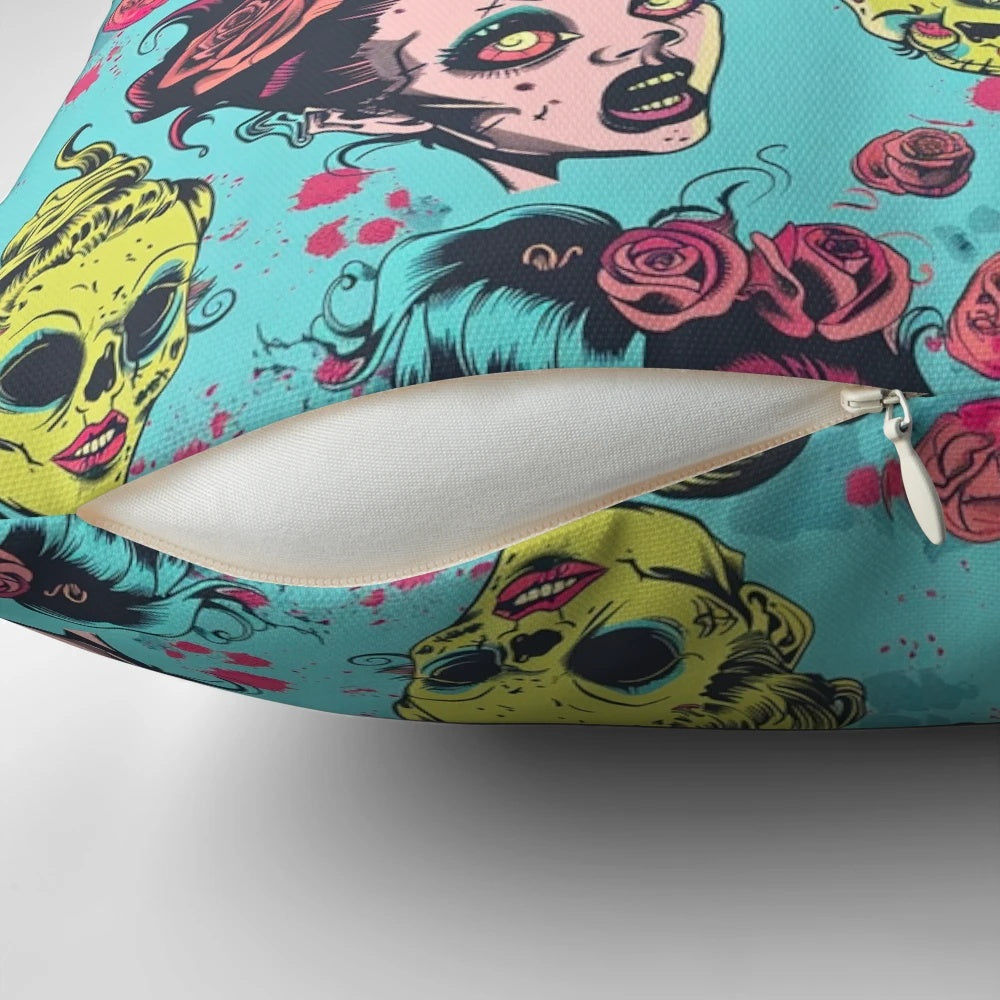 Colorful cartoon design featuring a zombie pinup girl on a soft, cozy pillow
