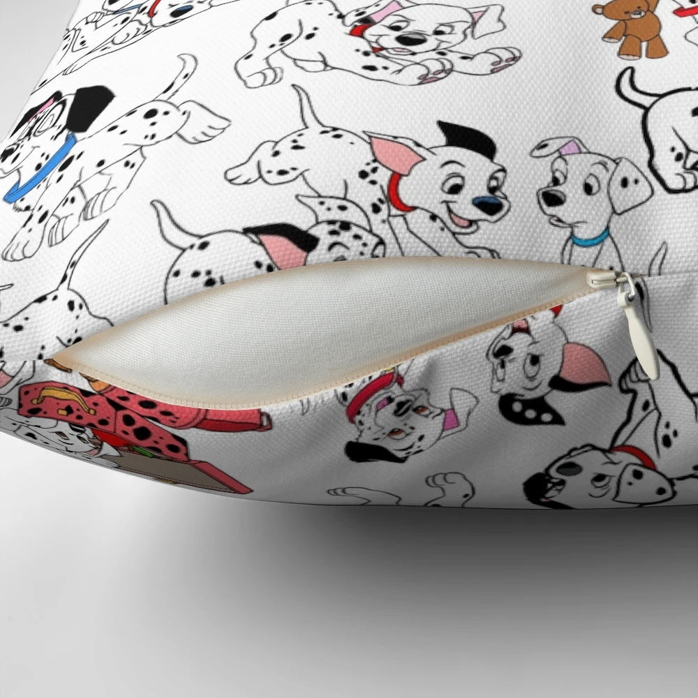 A collage of spotted dalmatian puppies on a decorative throw pillow