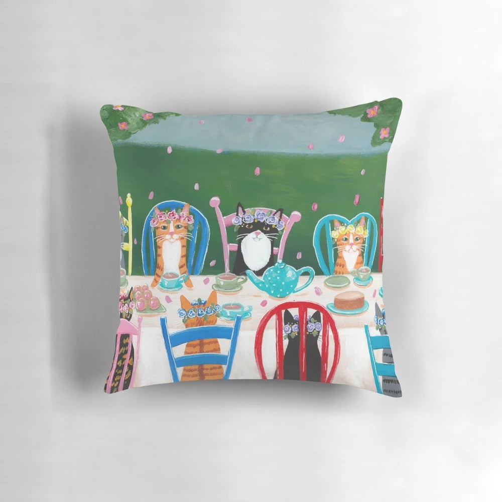 Springtime Cats Tea Party Decorative Pillow with Colorful Cats and Flowers